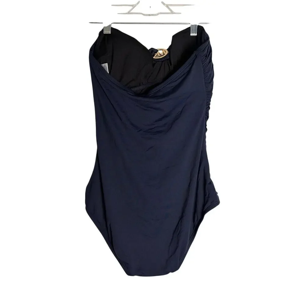 Michael Kors Womens Size 8 Navy Blue Strapless Ruched One Piece Swimsuit